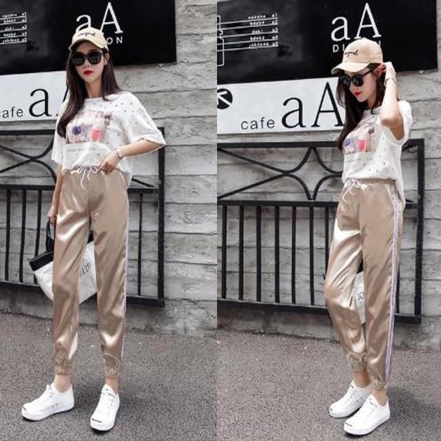 ダブルライン ジョガーパンツ 黒 レディース ボトム オルチャン 韓国コーデ インスタ映え トレンド スポーティ ダンス サテン Vuab173 And Sherry 通販 Yahoo ショッピング