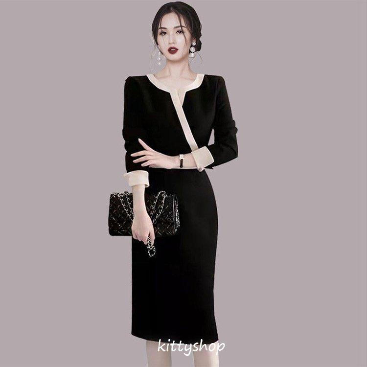 タイトワンピース 黒 通勤 Ol 事務服 韓国風ワンピース ロングワンピース ブラック 30代 40代 オシャレ ミモレ丈ワンピース 長袖ワンピース S M L Xl 楽天カード分割