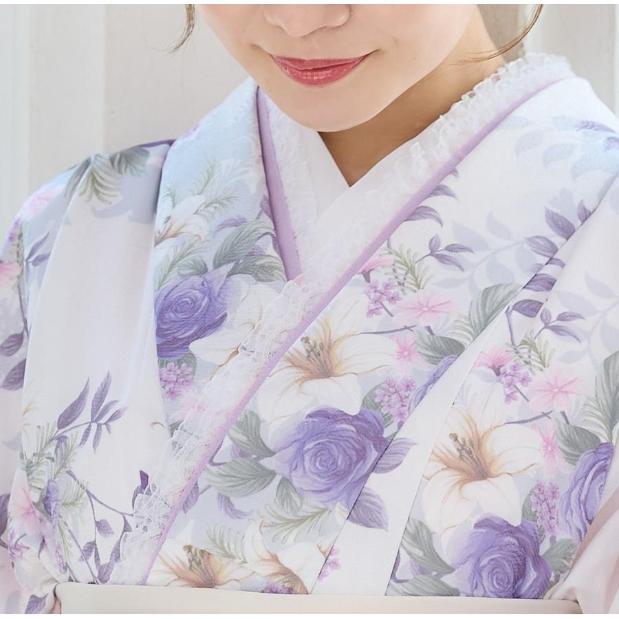 紫と白の花柄着物 身長130cm 重ね襟付き 成人式 振袖 晴れ着 単品 重ね 襟 袴 レース 伊達衿 伊達襟 訪問着