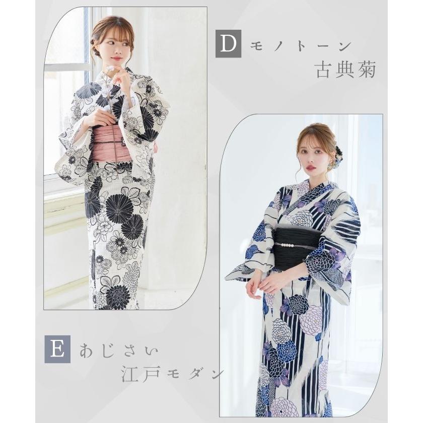レディース 浴衣 4点set 4点セット 兵児帯 下駄 ストライプ 桜 さくら 椿 つばき 菊 ゆかた 大人可愛い お洒落 かわいい 大人 ベージュ 白 黒 ブラック 紺 赤 青_3