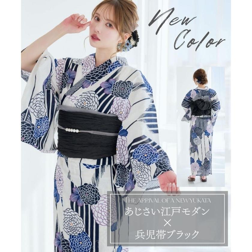 レディース 浴衣 4点set 4点セット 兵児帯 下駄 ストライプ 桜 さくら 椿 つばき 菊 ゆかた 大人可愛い お洒落 かわいい 大人 ベージュ 白 黒 ブラック 紺 赤 青_1