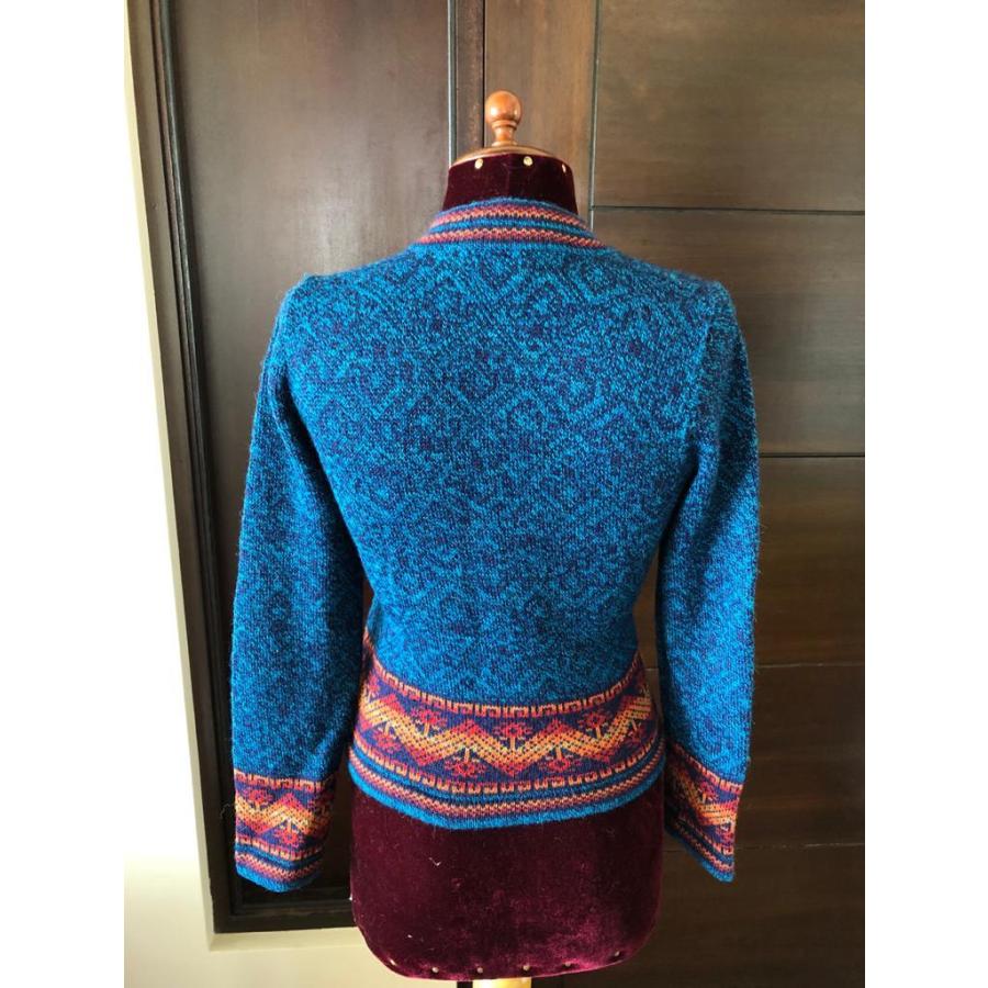 アルパカセーター カーディガン おしゃれ 温かい 青色 幾何学模様