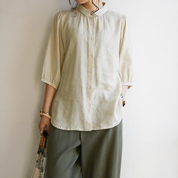 ブラウス レディース 半袖 リネン 麻 レーヨン トップス 黒 仕事 襟付き 五分袖 ストライプ チェック 代 30代 40代 おしゃれ