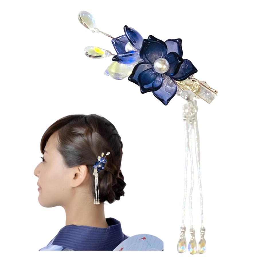 髪飾り 浴衣 桔梗 花 フラワー ききょう パール クリップ ヘアクリップ
