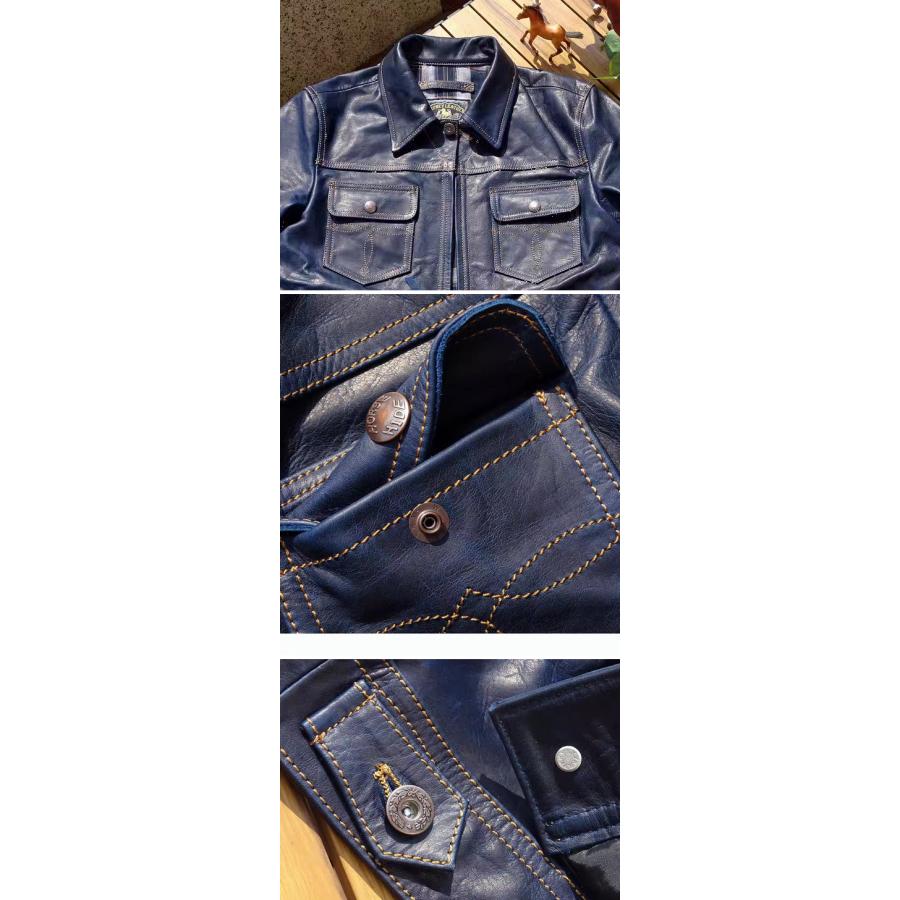 革ジャン レザージャケット 本革 馬革 ホースハイド メンズ/レザージャケット ウエスタンスタイル ブルーの画像
