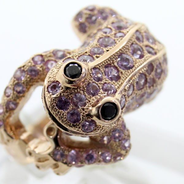 ◎中古美品◎18金PG ピンクサファイア 4.47ct ブラックダイヤ 蛙 
