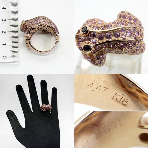 ◎中古美品◎18金PG ピンクサファイア 4.47ct ブラックダイヤ 蛙 