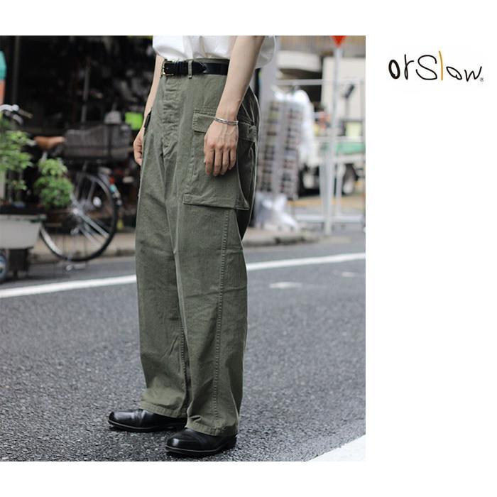 Orslowオリーブグリーン カーゴパンツワークパンツ バックポケット付き orSlow オアスロウ 6ポケットカーゴパンツ ヴィンテージフィット