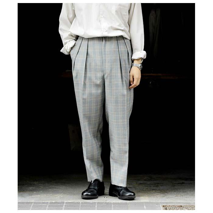 インテリム INTERIM グレーチェック 2タック ワイドテーパード