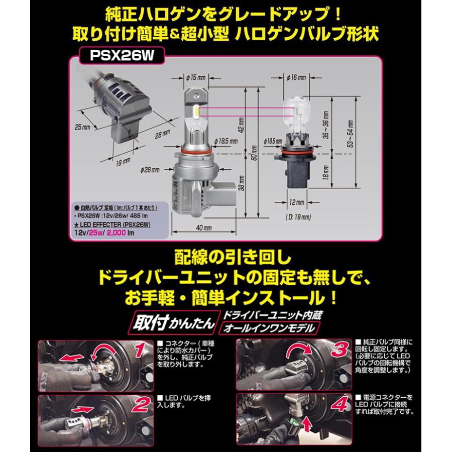 E161HFBW IPF アイピーエフ PSX26W LEDバルブ エフェクターヘッド＆フォグバルブ 純白光6500K 4000lm 12V専用 25W バルブ2本入 車検対応 2年保証付 | IPF | 01