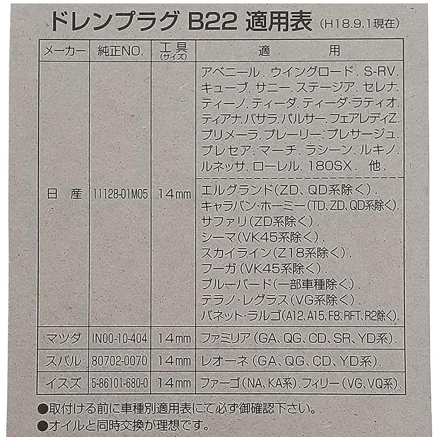 【メール便対応可】B22 B-22 PIAA ピア オイルパン用ドレンプラグ パッキン付 ボルトサイズ12mm×1.25 日産/マツダ/スバル/いすゞ車用 | PIAA | 01