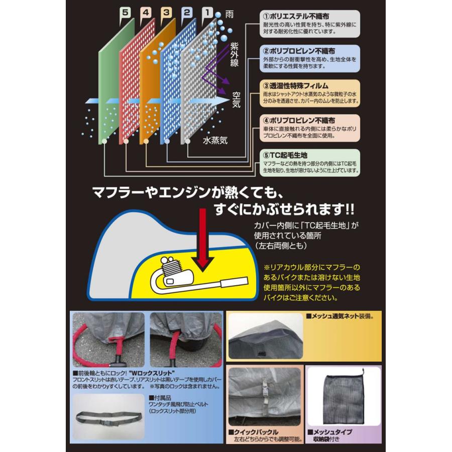 BB-905 ユニカー工業 スーパーユニテックスバイクカバー サイズ3L 透湿性4層構造 溶けない 250cc〜/ロードスポーツ/アメリカンなどに対応の画像