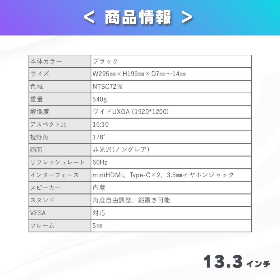 モバイルモニター ディスプレイ 13.3インチ デュアルモニター サブモニター ポータブルモニター 外付けモニター コスパ 自立スタンド付 角度調整 縦置き |  | 14