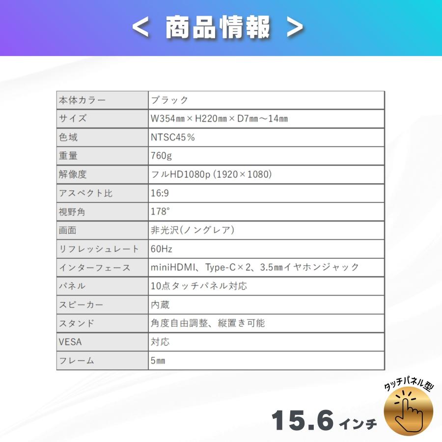 モバイルモニター ディスプレイ 15.6インチ タッチ デュアルモニター サブモニター ポータブルモニター 外付けモニター コスパ 自立スタンド付 角度調整 縦置き |  | 14