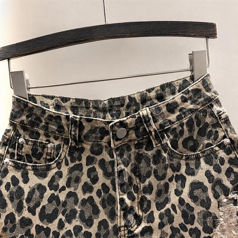 デニムショートパンツ レディース ハイウエスト レオパード柄 ショート
