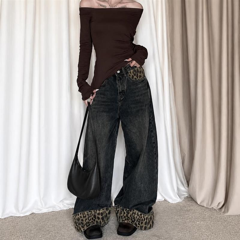 デニムパンツ レディース ヒョウ柄 切替 ワイドパンツ レオパード柄 