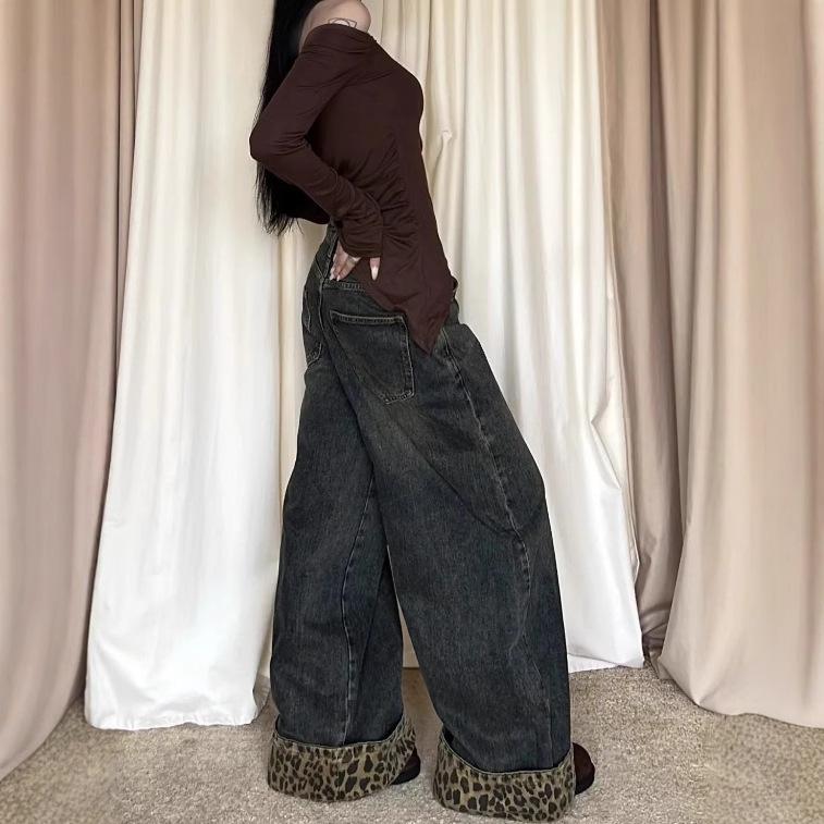 デニムパンツ レディース ヒョウ柄 切替 ワイドパンツ レオパード柄 