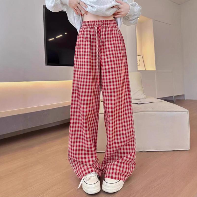 ギンガムチェックパンツ ワイドパンツ レディース 赤 ストレートパンツ