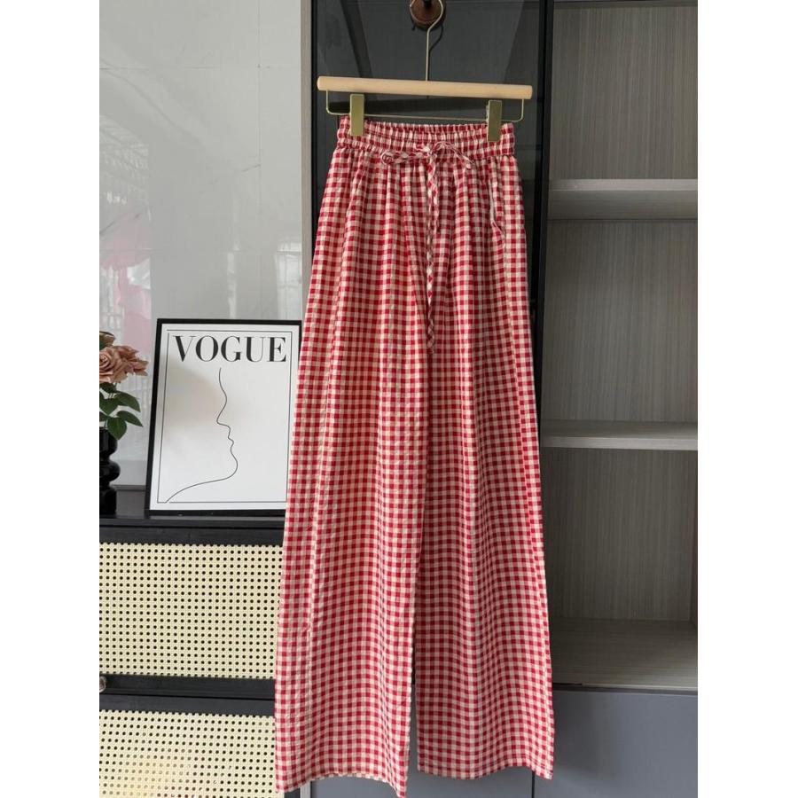 ギンガムチェックパンツ ワイドパンツ レディース 赤 ストレートパンツ