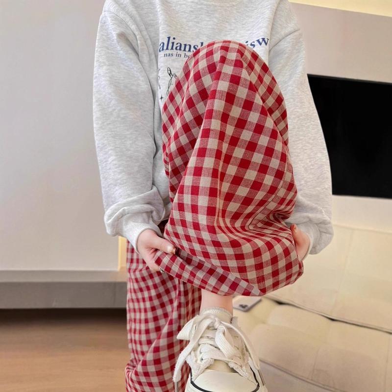 ギンガムチェックパンツ ワイドパンツ レディース 赤 ストレートパンツ