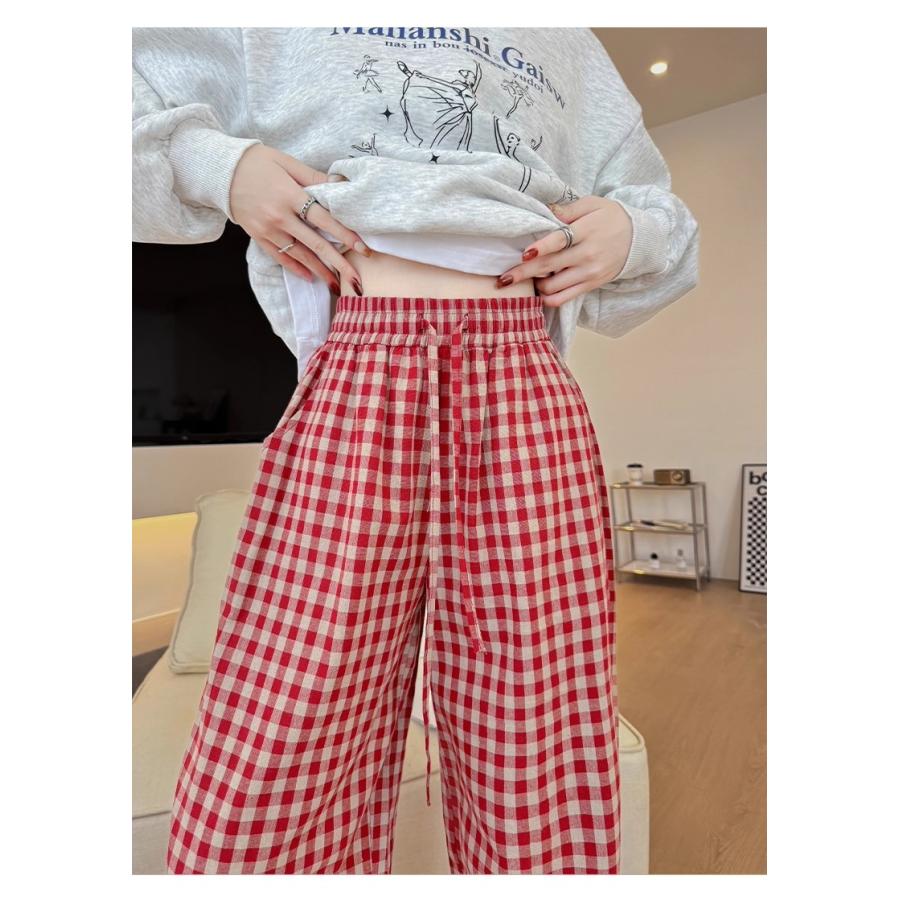 ギンガムチェックパンツ ワイドパンツ レディース 赤 ストレートパンツ