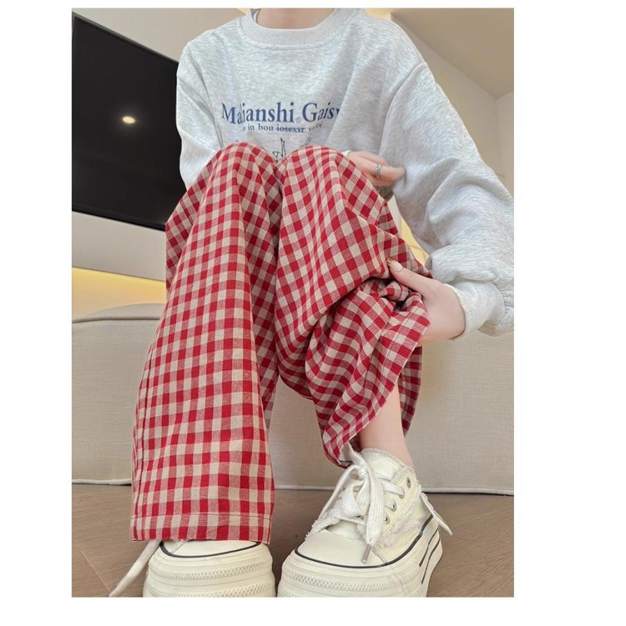ギンガムチェックパンツ ワイドパンツ レディース 赤 ストレートパンツ