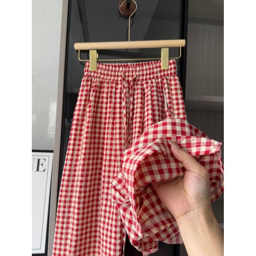 ギンガムチェックパンツ ワイドパンツ レディース 赤 ストレートパンツ