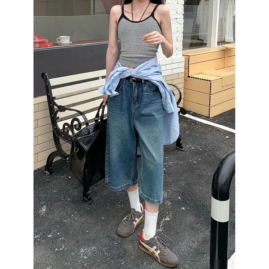デニムパンツ レディース ハイウエスト ワイドパンツ ガウチョパンツ