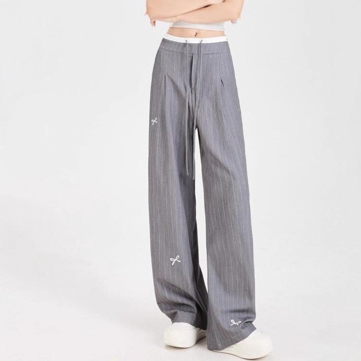 ワイドパンツ レディース ストライプ グレー リボン ハイウエスト