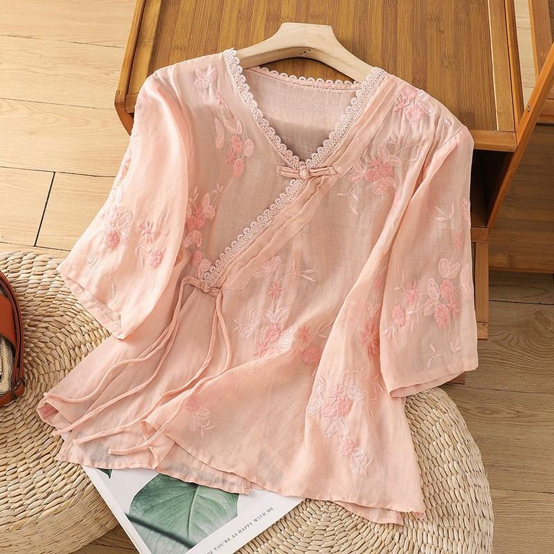 チャイナ風 ブラウス レディース 刺繍 花柄 レース 綿麻 シャツ 漢