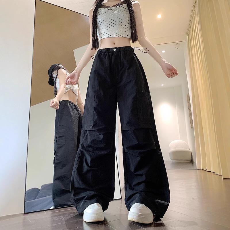 ストリートスタイル 黒 カーゴパンツ Y2K カーゴパンツ レディース ワイドパンツ ゆったり 涼しい 冷感 接触冷感