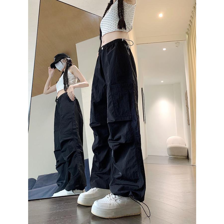 ストリートスタイル 黒 カーゴパンツ Y2K カーゴパンツ レディース ワイドパンツ ゆったり 涼しい 冷感 接触冷感