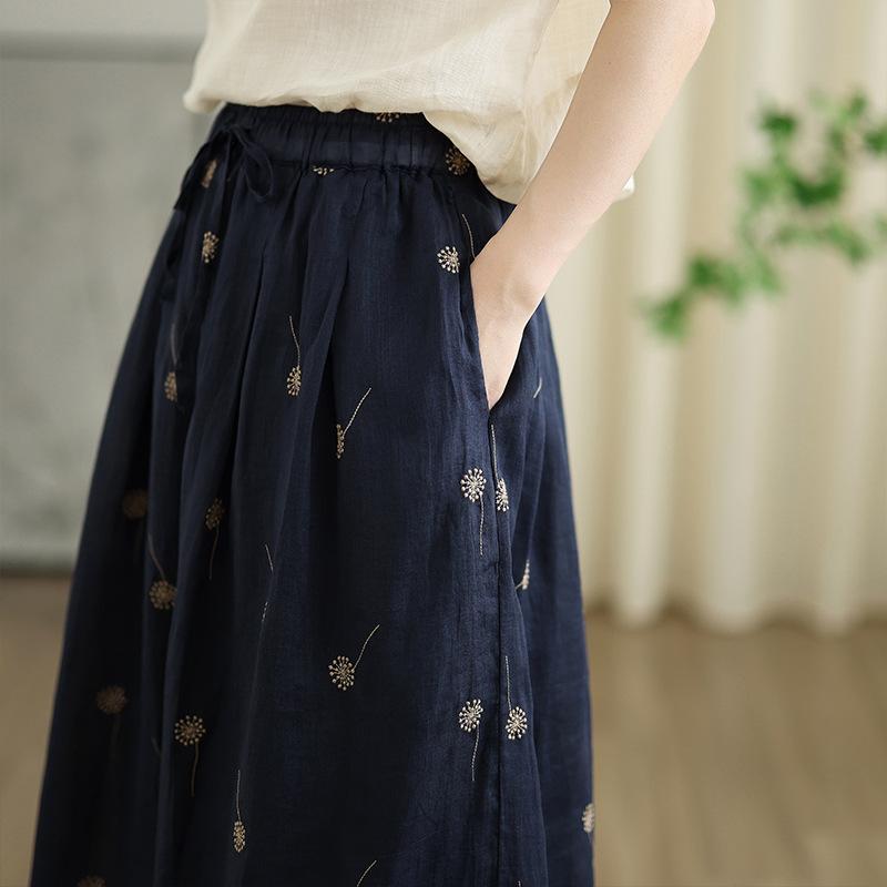 ロングスカート レディース 刺繍 花柄 Aライン マキシ丈 綿麻 リネン