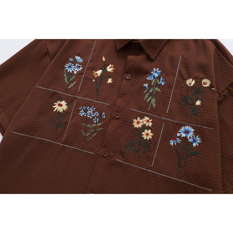 刺繍 シャツ ワークシャツ 半袖 花柄 ボタニカル柄 ビッグシルエット
