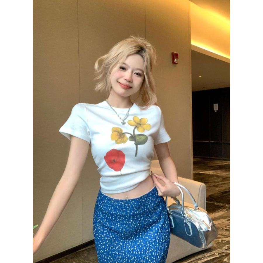 レディース Tシャツ 半袖 クルーネック 花柄 プリント フラワー スリム 