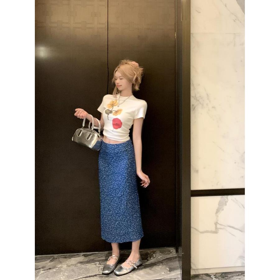 レディース Tシャツ 半袖 クルーネック 花柄 プリント フラワー スリム