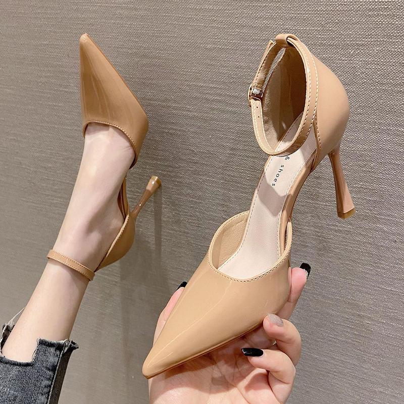 パンプス ハイヒール レディース ポインテッドトゥ アンクルストラップ エナメル ピンヒール 8cm 冠婚葬祭 結婚式 通勤 オフィス