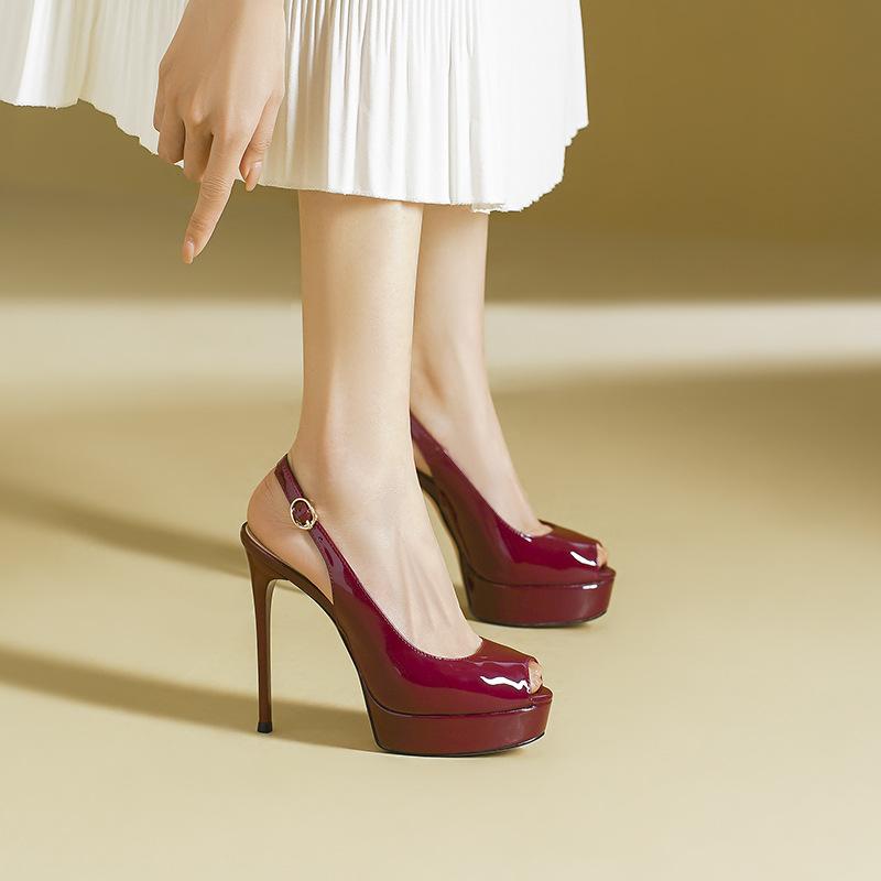 パンプス オープントゥ 厚底 ハイヒール サンダル レディース ピンヒール バックストラップ 12cmヒール 美脚 エナメル 歩きやすい