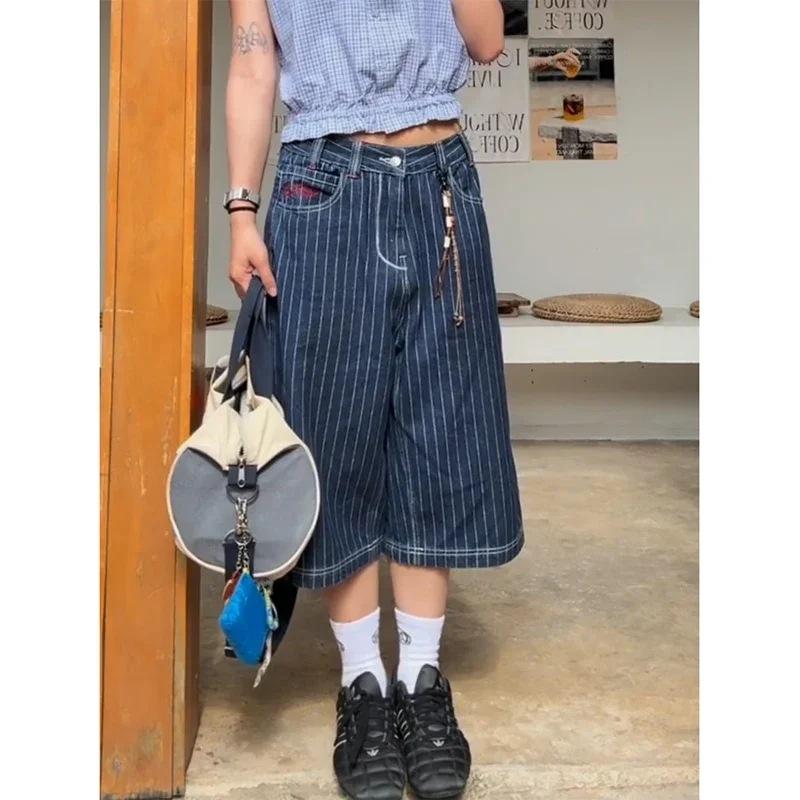 デニム ハーフパンツ レディース ストライプ ワイドパンツ 膝丈