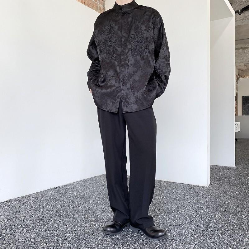 モード系 襟元刺繍模様 長袖シャツ LL ブラック シャツ メンズ 長袖 スタンドカラー 刺繍 竹 チャイナボタン トップス