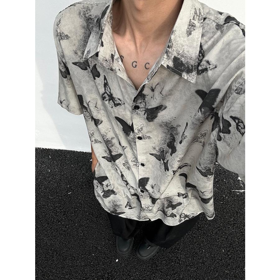 メンズ シャツ 蝶柄 カジュアル 総柄シャツ 半袖 ゆるめ トップス