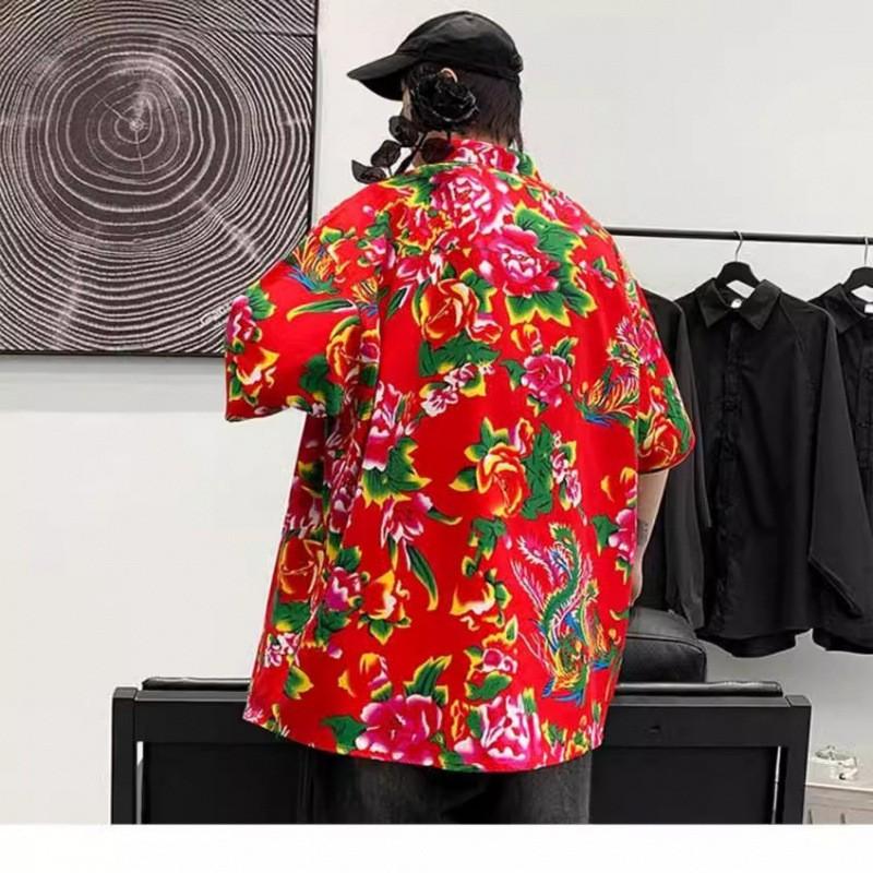 アロハシャツ メンズ 半袖 柄シャツ 鳳凰 牡丹 開襟シャツ 総柄