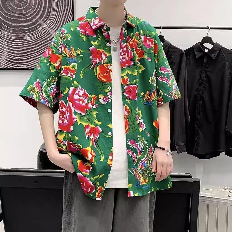 アロハシャツ メンズ 半袖 柄シャツ 鳳凰 牡丹 開襟シャツ 総柄