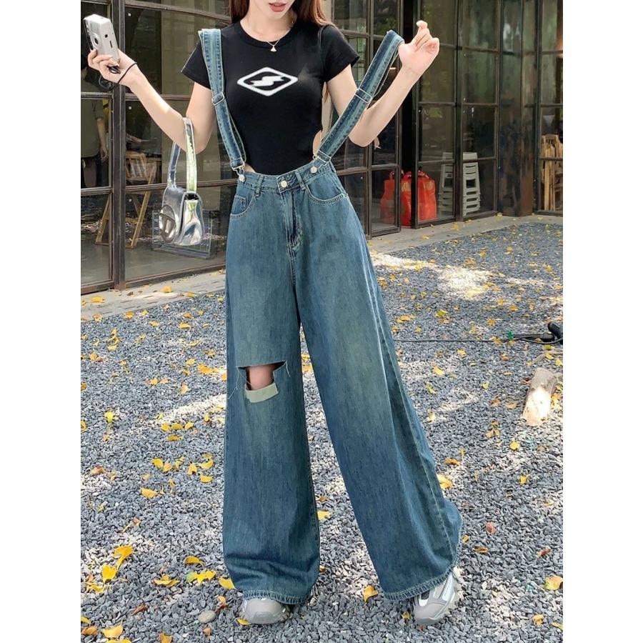サロペット デニム レディース オーバーオール ワイドパンツ ダメージ