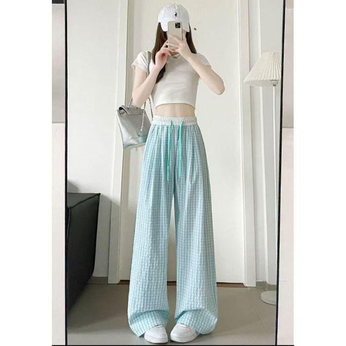 ギンガムチェック ワイドパンツ レディース 水色 ストレート パンツ