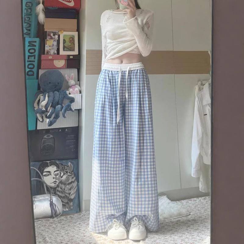 ギンガムチェック ワイドパンツ レディース 水色 ストレート パンツ
