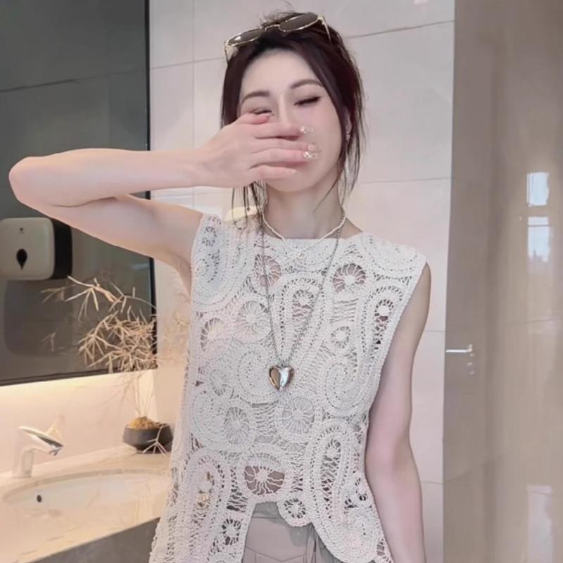 かぎ針編み トップス レディース 透かし編み ベスト ノースリーブ