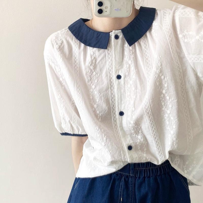ブラウス レディース 半袖 丸襟 パフスリーブ レース 刺繍 トップス 