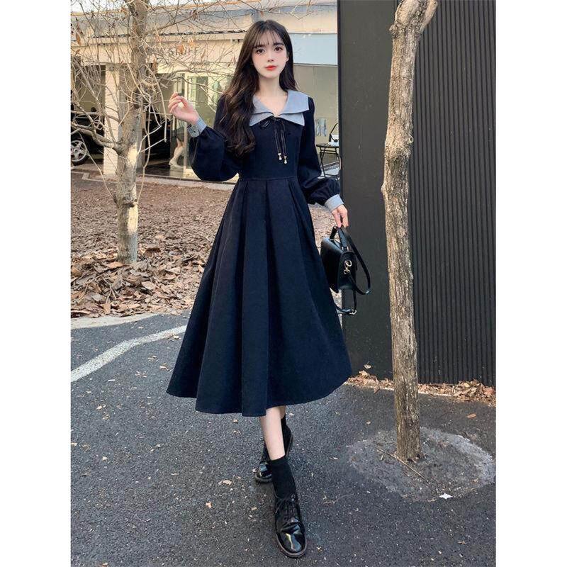 ワンピース セーラーカラー 長袖 ロング丈 大人可愛い Aライン レトロ