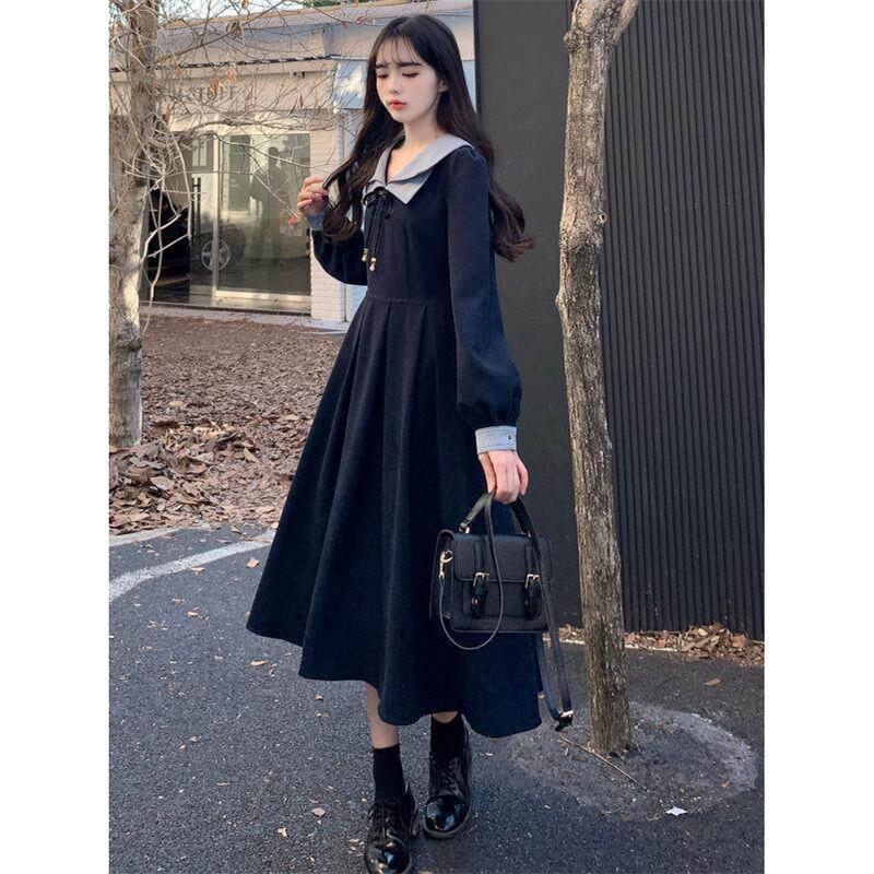 ワンピース セーラーカラー 長袖 ロング丈 大人可愛い Aライン レトロ